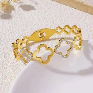 18k Gold Plated Stainless Steel Hollow Clover, Pave Set Zircon